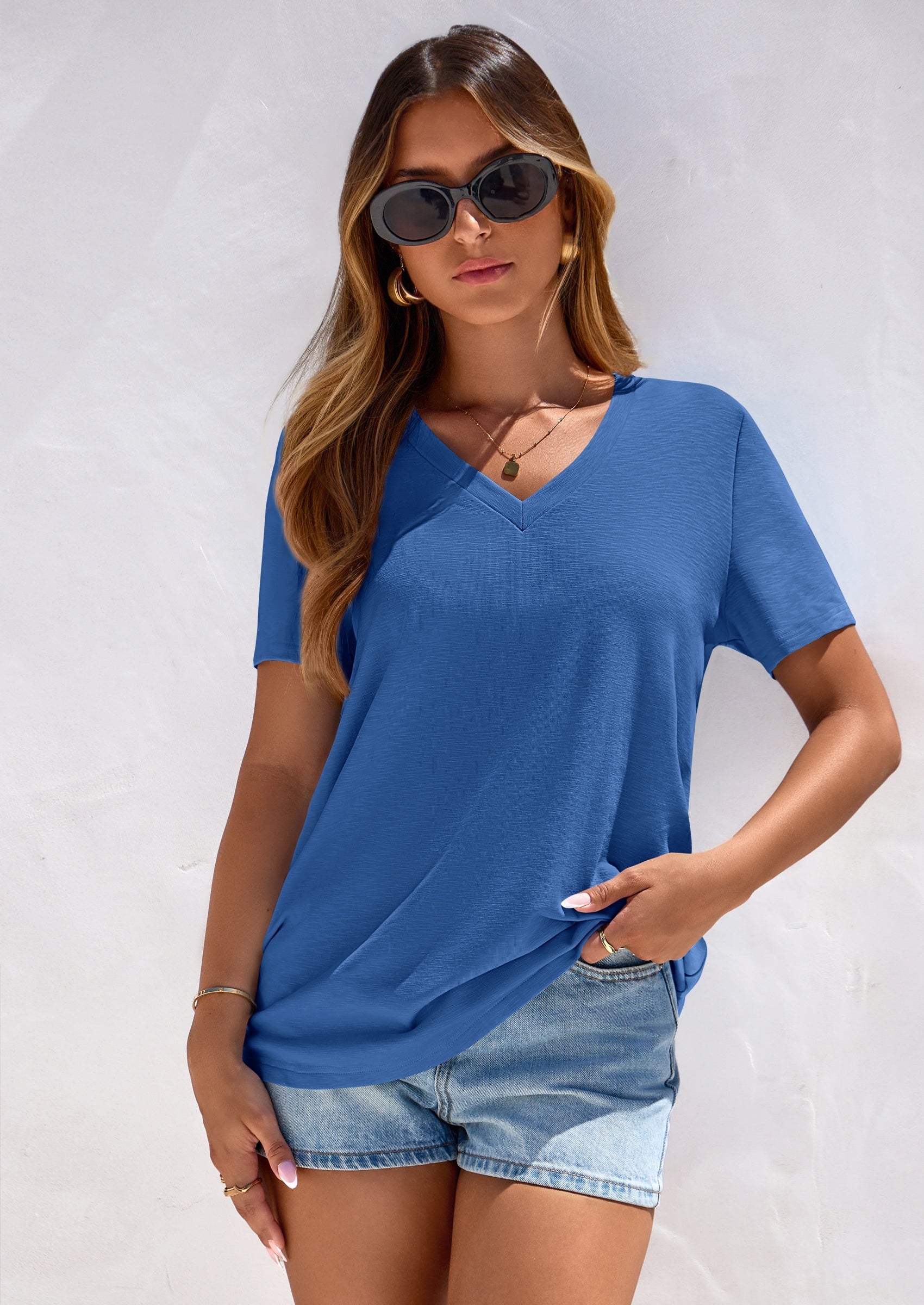 PRETTYGARDEN Women's V Neck T Shirts Summer Short Sleeve Spring Going Out Tops Casual Loose Fit Basic Tees Beach Clothes PRETTYGARDEN
