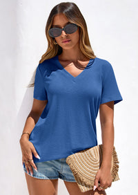 PRETTYGARDEN Women's V Neck T Shirts Summer Short Sleeve Spring Going Out Tops Casual Loose Fit Basic Tees Beach Clothes PRETTYGARDEN