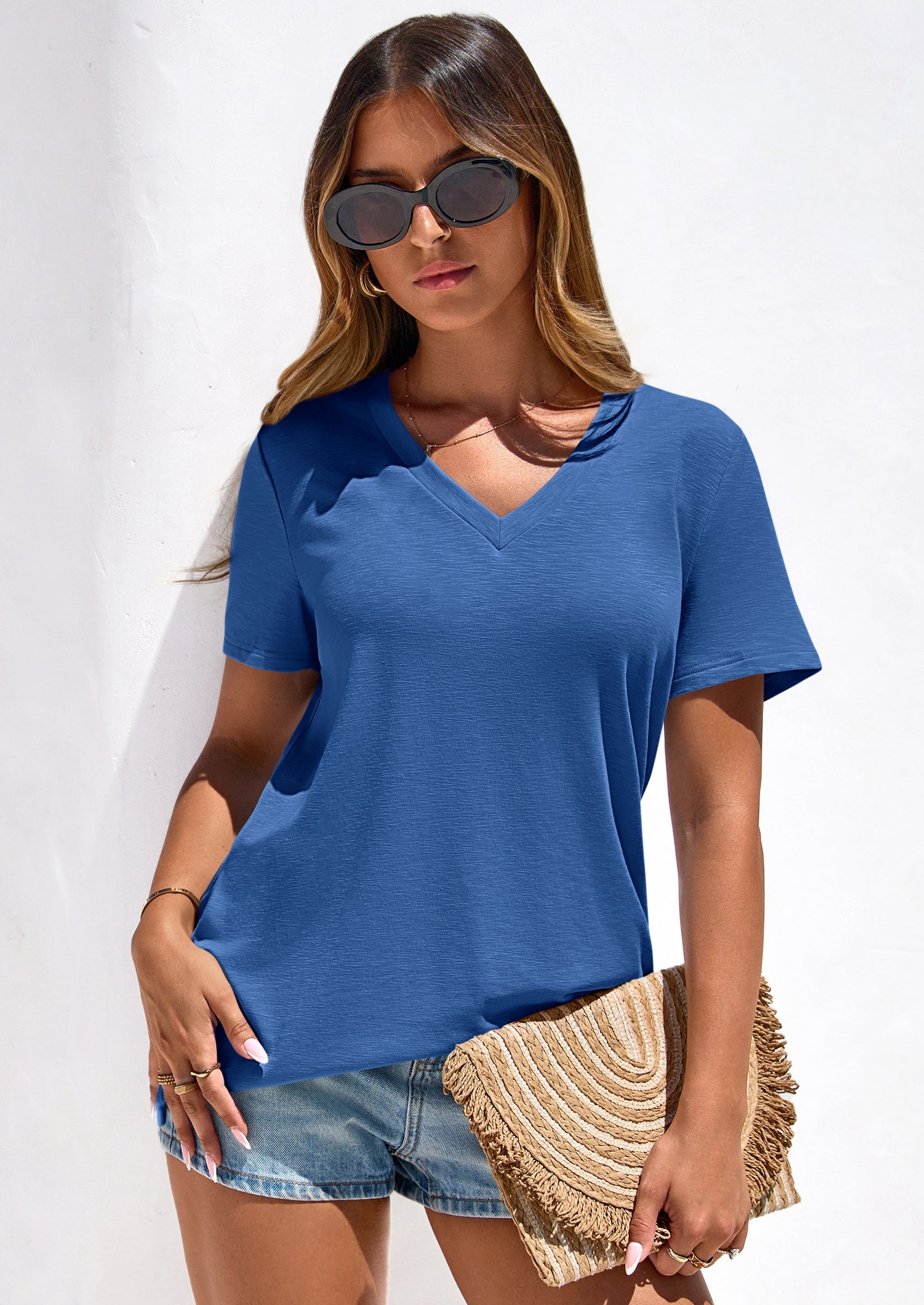 PRETTYGARDEN Women's V Neck T Shirts Summer Short Sleeve Spring Going Out Tops Casual Loose Fit Basic Tees Beach Clothes PRETTYGARDEN