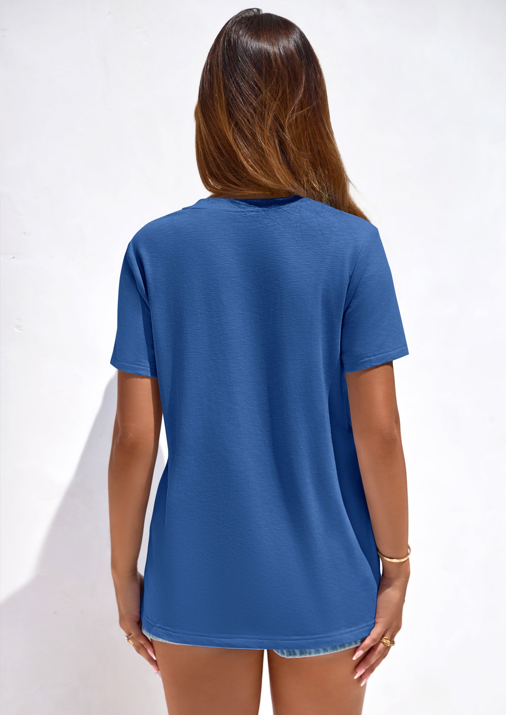 PRETTYGARDEN Women's V Neck T Shirts Summer Short Sleeve Spring Going Out Tops Casual Loose Fit Basic Tees Beach Clothes PRETTYGARDEN