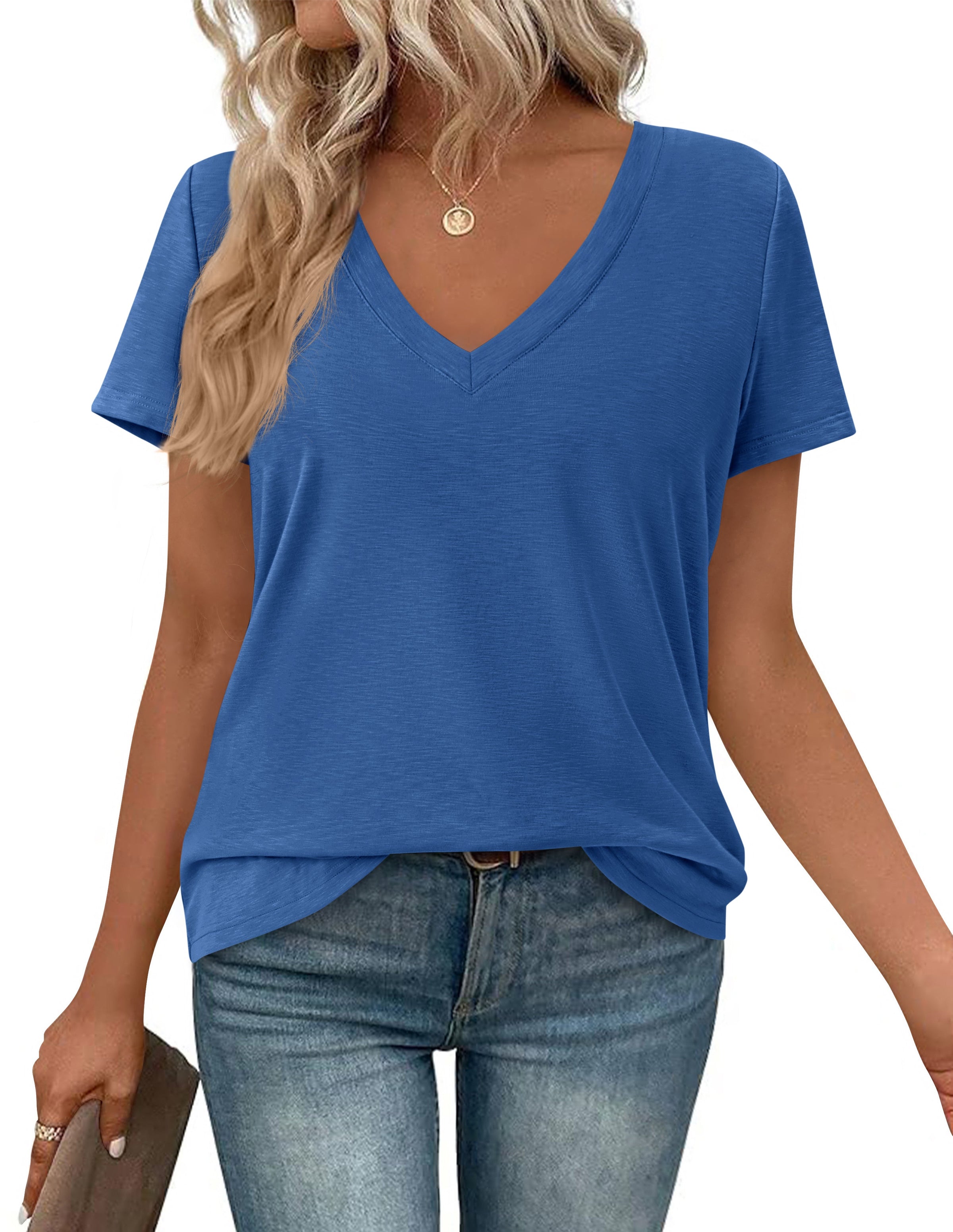 PRETTYGARDEN Women's V Neck T Shirts Summer Short Sleeve Spring Going Out Tops Casual Loose Fit Basic Tees Beach Clothes PRETTYGARDEN