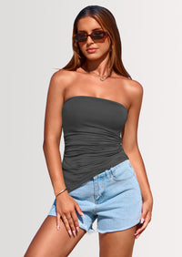 PRETTYGARDEN Womens Summer Tube Tops Trendy Strapless Ruched Going Out Tops Outfits Asymmetrical Bandeau Shirts