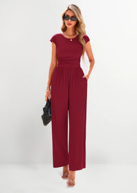 PRETTYGARDEN Summer Jumpsuits Ribbed Cap Sleeve Wide Leg Pants Women's Rompers Elegant Casual Trendy Vacation Outfits