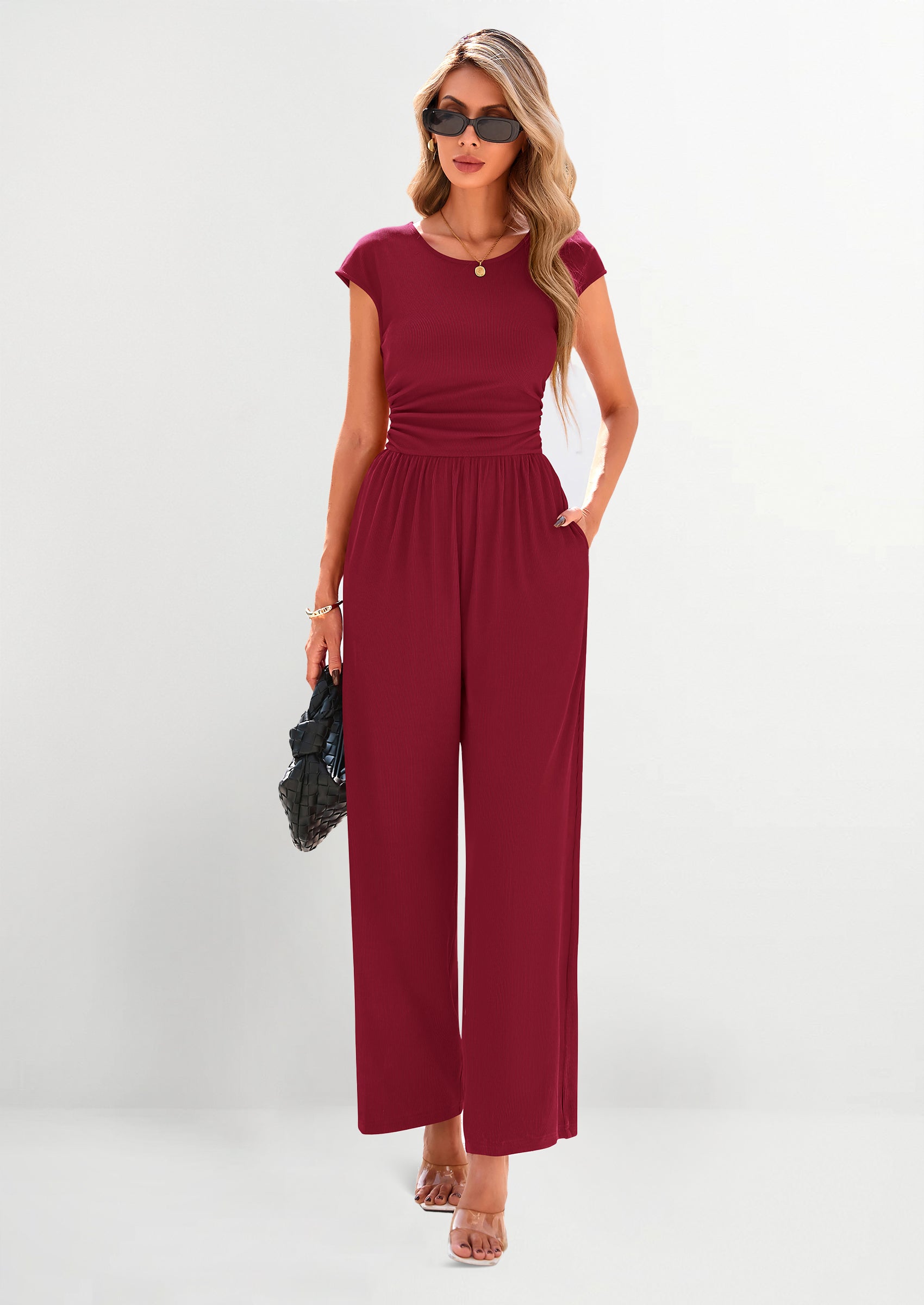 PRETTYGARDEN Summer Jumpsuits Ribbed Cap Sleeve Wide Leg Pants Women's Rompers Elegant Casual Trendy Vacation Outfits