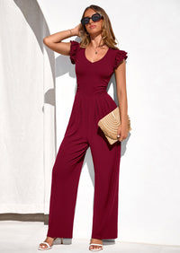 PRETTYGARDEN One Piece Jumpsuits For Women Dressy Ruffle Cap Sleeve V Neck Ribbed Knit Wide Leg Romper Spring Outfits PRETTYGARDEN