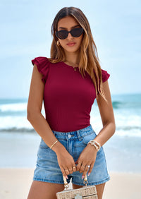 PRETTYGARDEN Womens Summer Crew Neck T Shirts Trendy Ruffle Sleeve Slim Fit Knit Going Out Tops Casual Spring Clothes PRETTYGARDEN