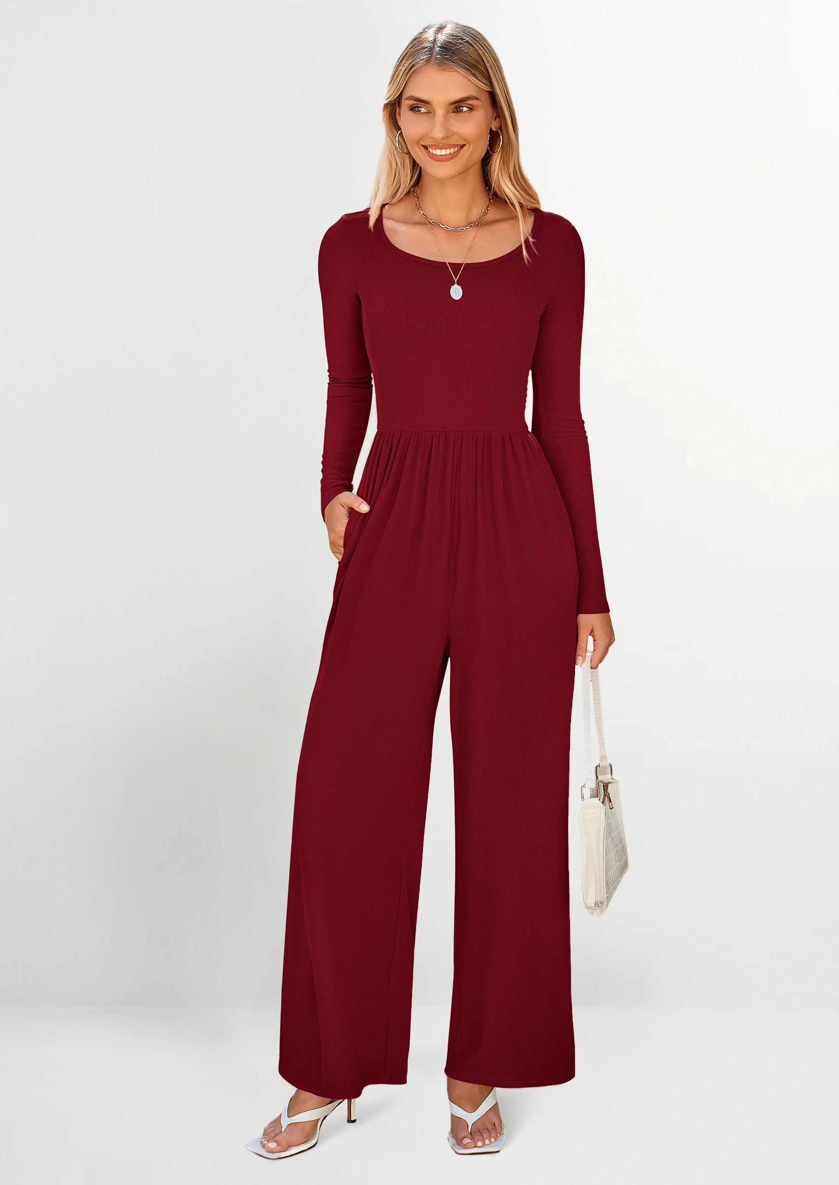 PRETTYGARDEN Fashion Jumpsuits Dressy Casual Long Sleeve Wide Leg Ribbed Knit Rompers