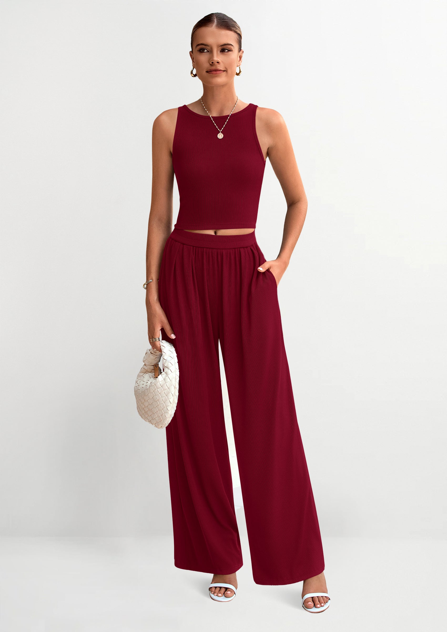 PRETTYGARDEN Two Piece Sets Ribbed Knit Crew Neck Sleeveless Tank Tops Wide Leg Pants Casual Lounge Set