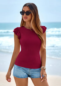 PRETTYGARDEN Womens Summer Crew Neck T Shirts Trendy Ruffle Sleeve Slim Fit Knit Going Out Tops Casual Spring Clothes PRETTYGARDEN