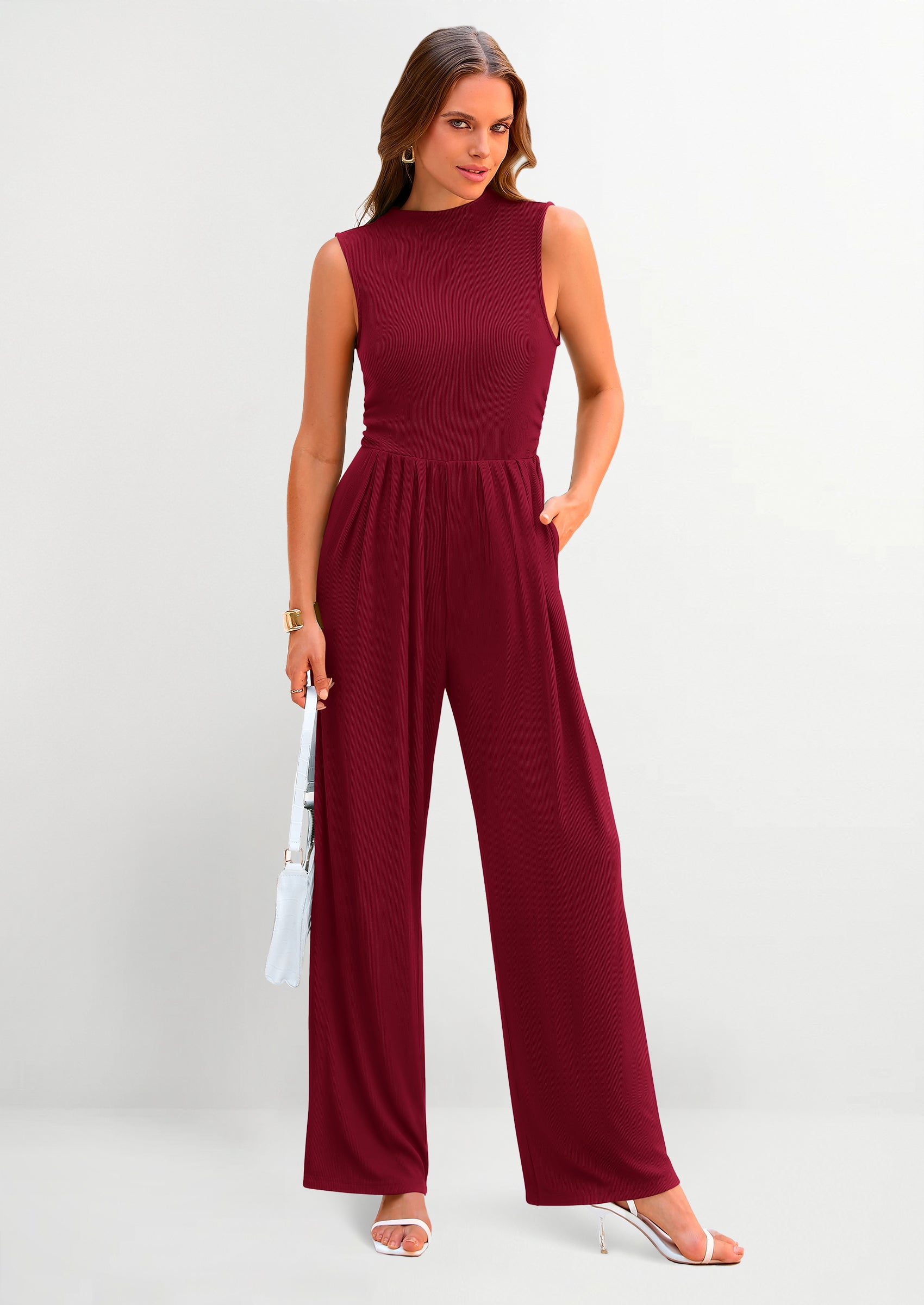 PRETTYGARDEN Womens Summer Jumpsuits Dressy Casual One Piece Outfits Sleeveless Mock Neck Wide Leg Pants Rompers with Pockets