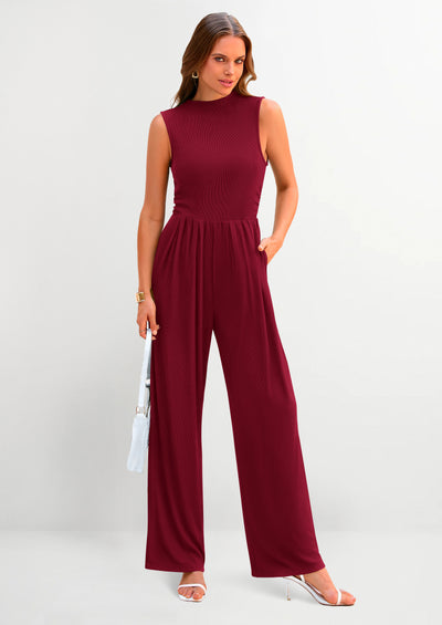 PRETTYGARDEN Womens Summer Jumpsuits Dressy Casual One Piece Outfits Sleeveless Mock Neck Wide Leg Pants Rompers with Pockets