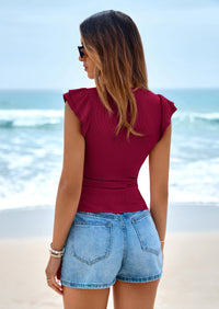 PRETTYGARDEN Womens Summer Crew Neck T Shirts Trendy Ruffle Sleeve Slim Fit Knit Going Out Tops Casual Spring Clothes PRETTYGARDEN