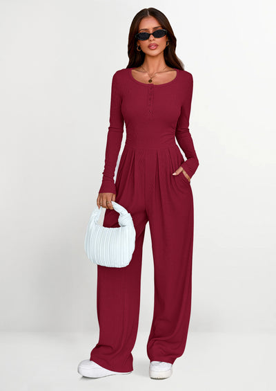 PRETTYGARDEN Jumpsuits for Women Dressy Casual Fall One Piece Outfits Long Sleeve Crew Neck Wide Leg Pants Rompers
