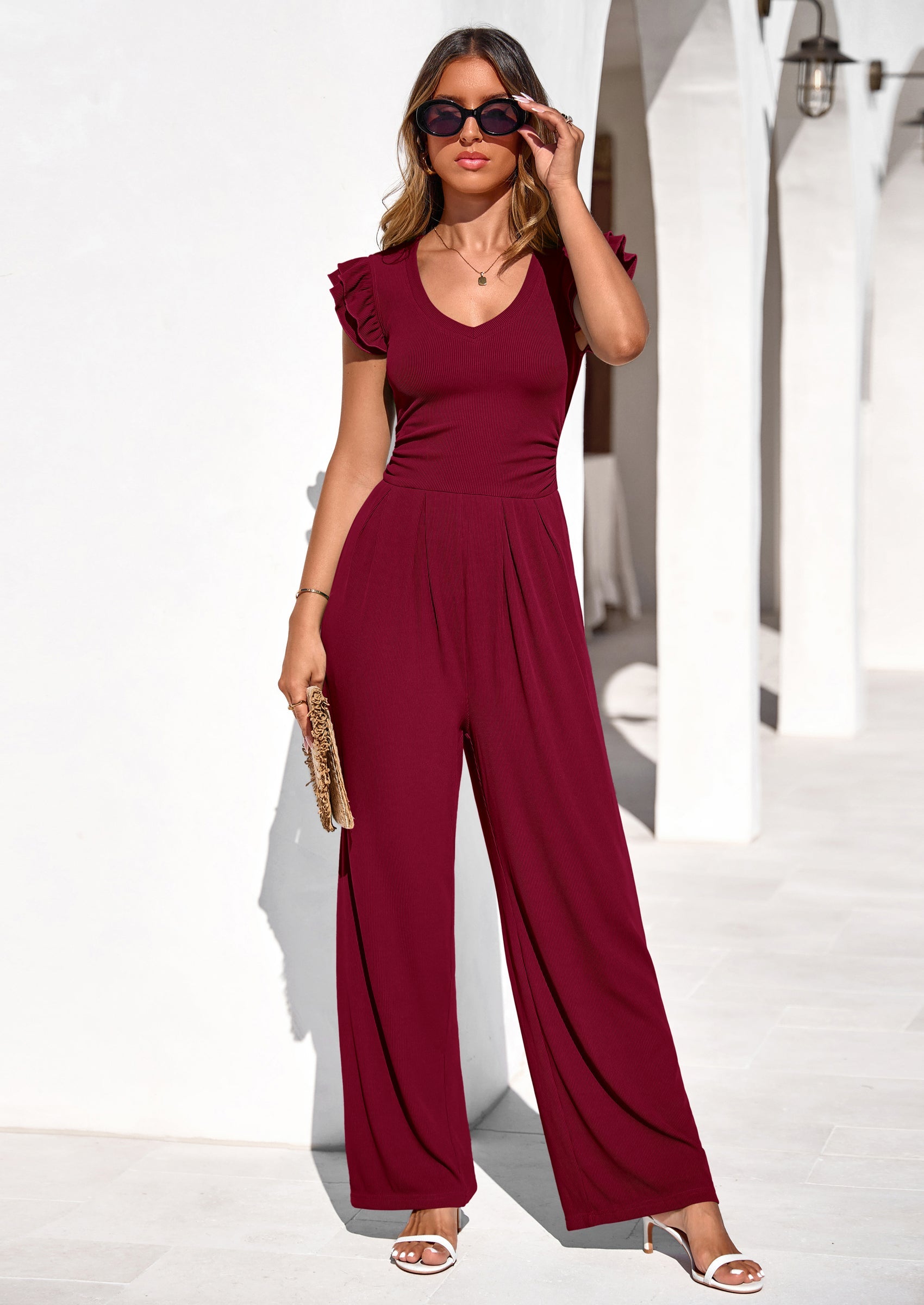 PRETTYGARDEN One Piece Jumpsuits For Women Dressy Ruffle Cap Sleeve V Neck Ribbed Knit Wide Leg Romper Spring Outfits PRETTYGARDEN