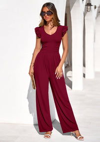 PRETTYGARDEN One Piece Jumpsuits For Women Dressy Ruffle Cap Sleeve V Neck Ribbed Knit Wide Leg Romper Spring Outfits PRETTYGARDEN