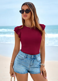 PRETTYGARDEN Womens Summer Crew Neck T Shirts Trendy Ruffle Sleeve Slim Fit Knit Going Out Tops Casual Spring Clothes PRETTYGARDEN