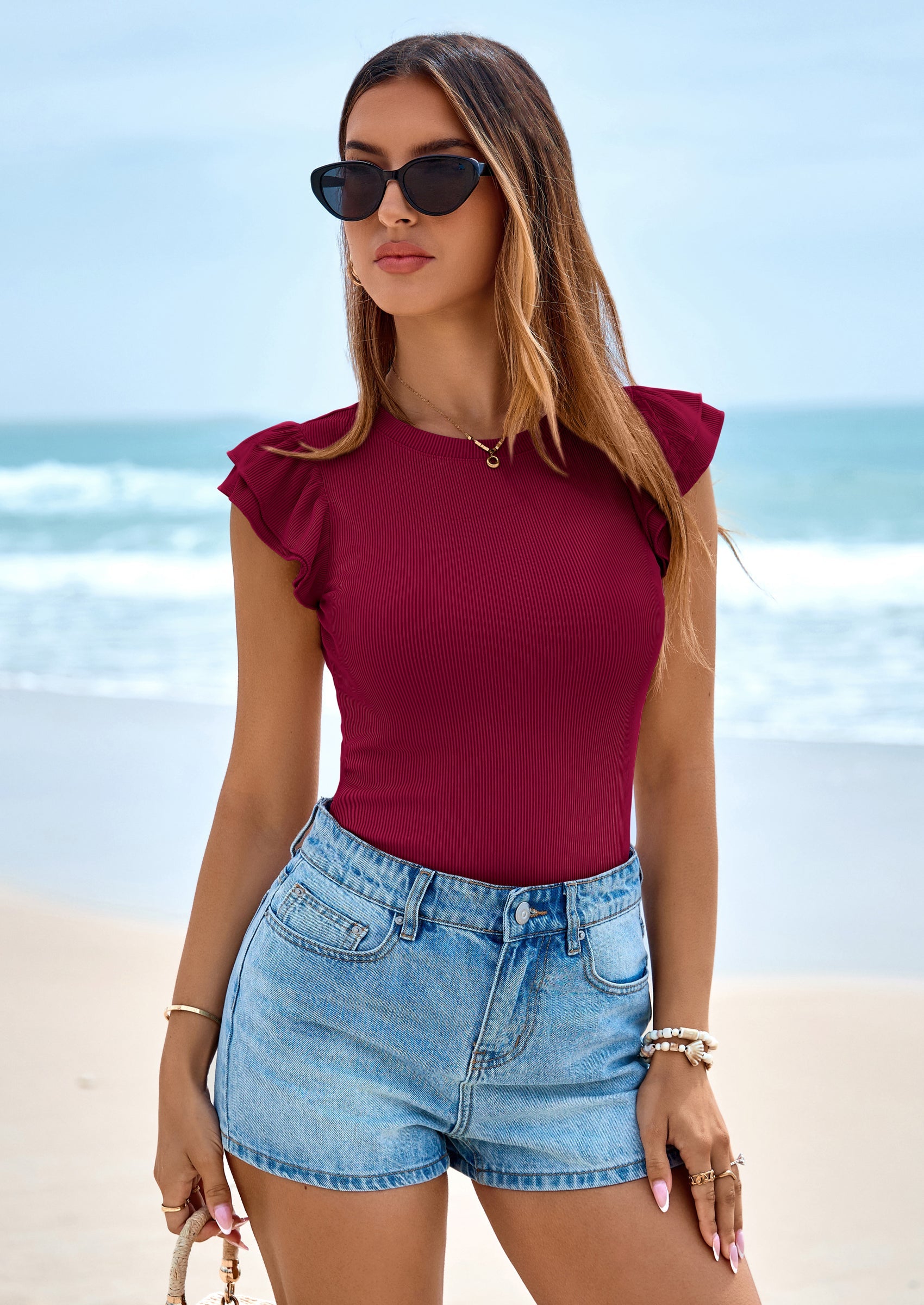 PRETTYGARDEN Womens Summer Crew Neck T Shirts Trendy Ruffle Sleeve Slim Fit Knit Going Out Tops Casual Spring Clothes PRETTYGARDEN