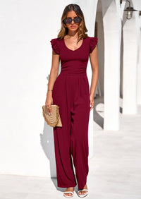 PRETTYGARDEN One Piece Jumpsuits For Women Dressy Ruffle Cap Sleeve V Neck Ribbed Knit Wide Leg Romper Spring Outfits PRETTYGARDEN