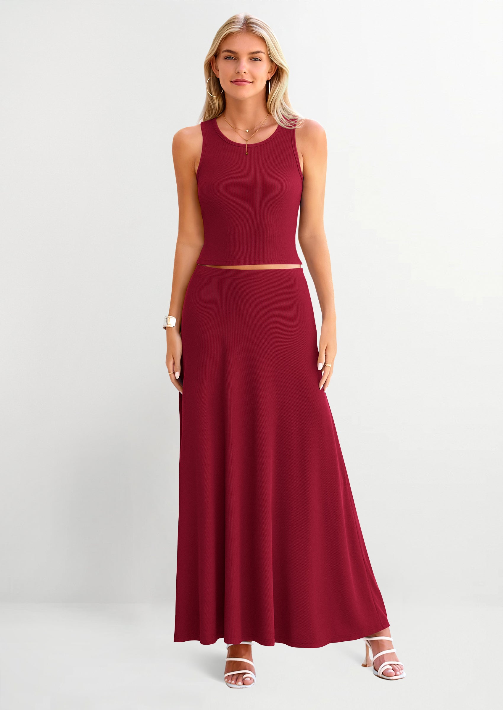 PRETTYGARDEN 2 Piece Maxi Skirt Sets Casual Knit Cropped Tank Top High Waisted Long Skirts Outfit