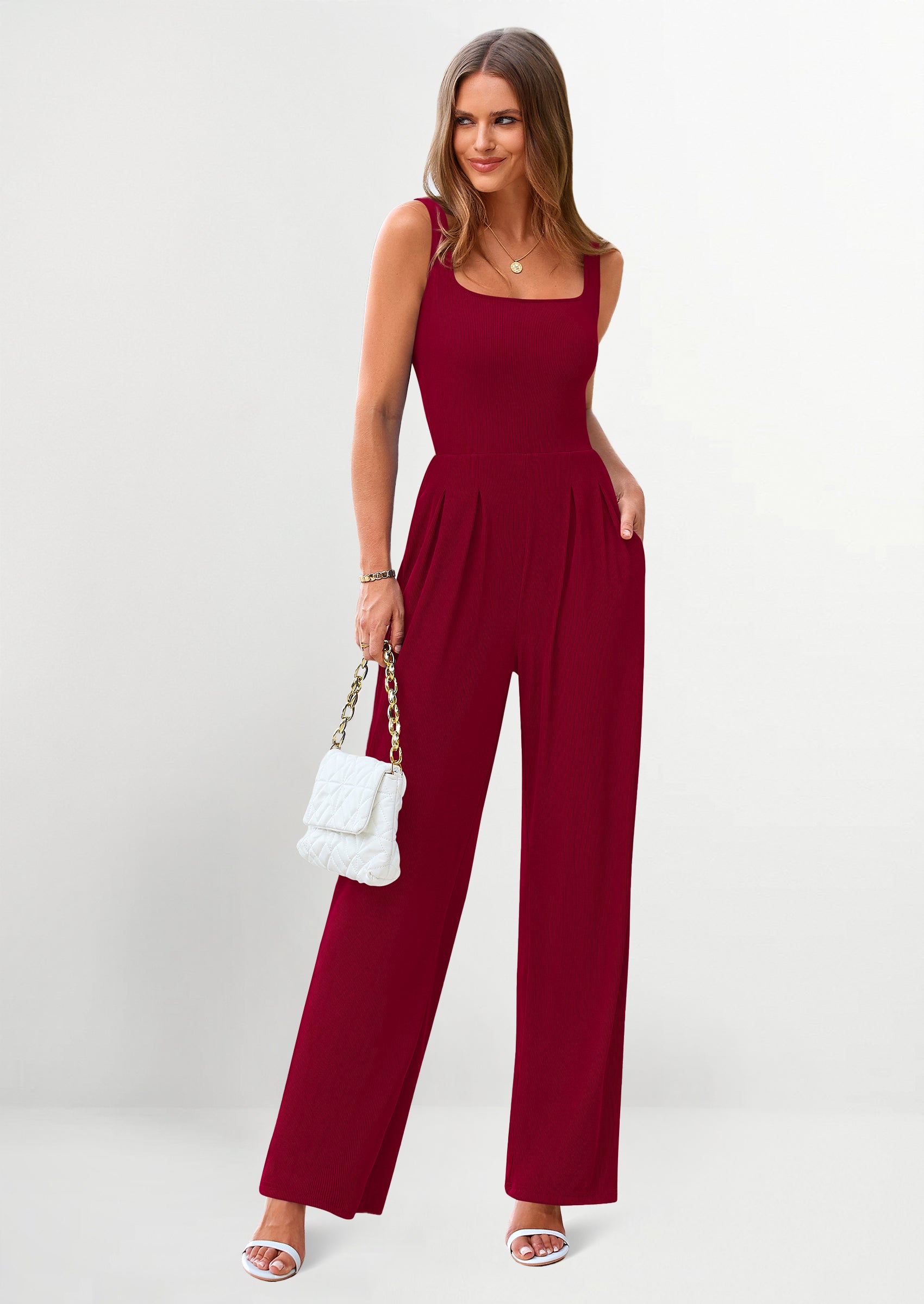 PRETTYGARDEN Sleeveless Dressy Square Neck Wide Leg Pants Knitted Rompers with Pockets