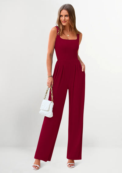 PRETTYGARDEN Sleeveless Dressy Square Neck Wide Leg Pants Knitted Rompers with Pockets