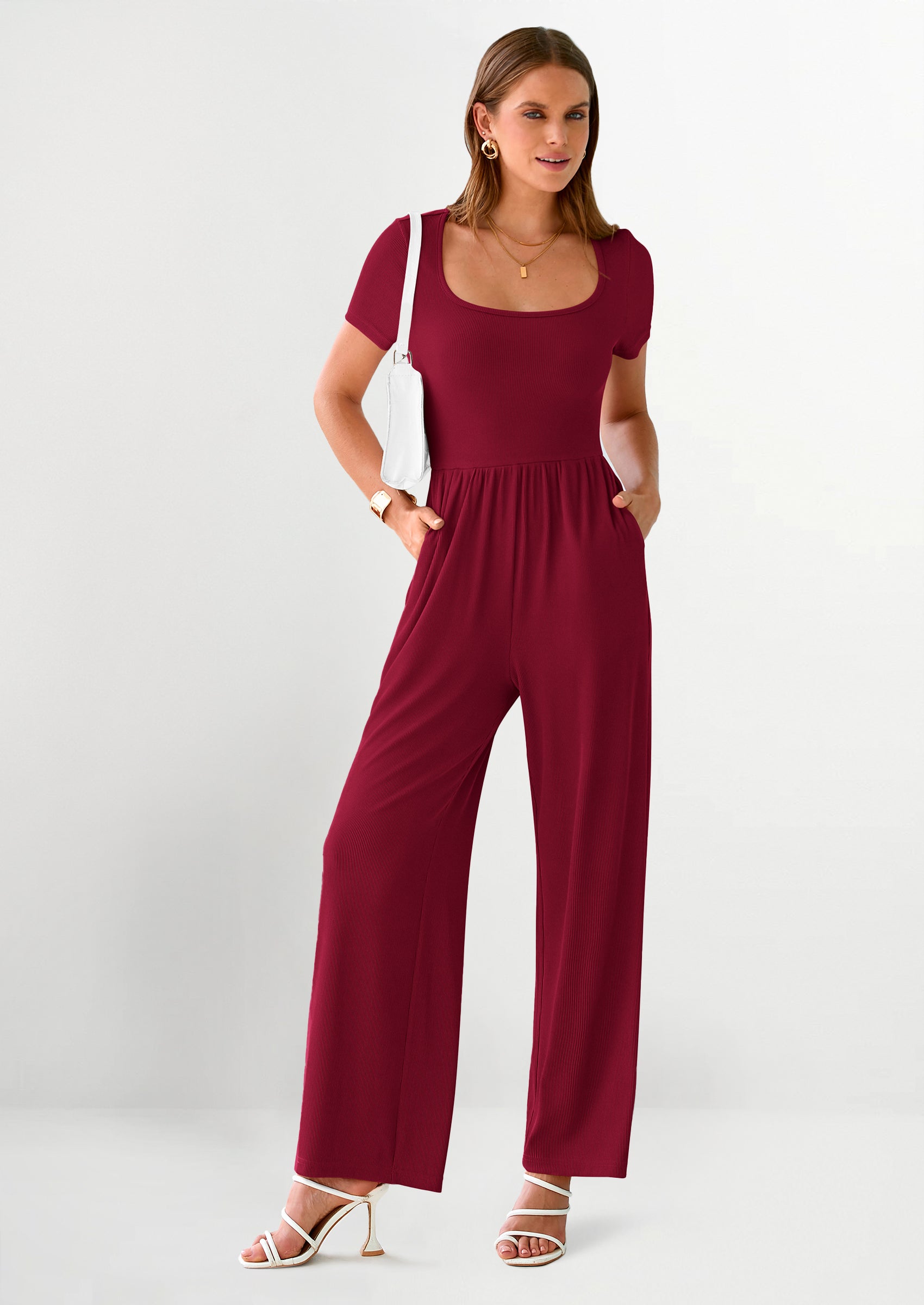 PRETTYGARDEN Women's Summer One Piece Jumpsuits Dressy Casual Short Sleeve Square Neck Wide Leg Jumpsuit Rompers