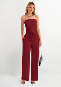 PRETTYGARDEN 2 Piece Sets Casual Ribbed Knit Crop Tube Top Wide Leg Pants Lounge Set