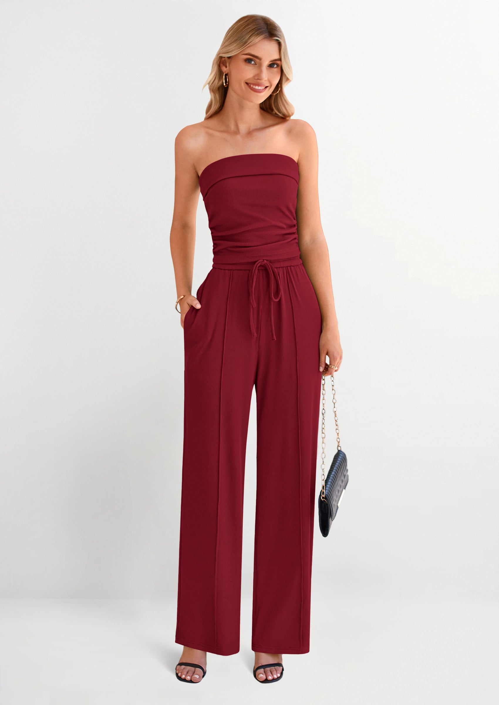 PRETTYGARDEN 2 Piece Sets Casual Ribbed Knit Crop Tube Top Wide Leg Pants Lounge Set