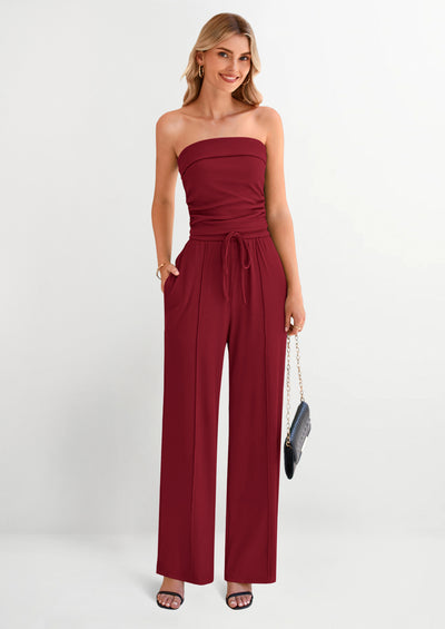 PRETTYGARDEN 2 Piece Sets Casual Ribbed Knit Crop Tube Top Wide Leg Pants Lounge Set