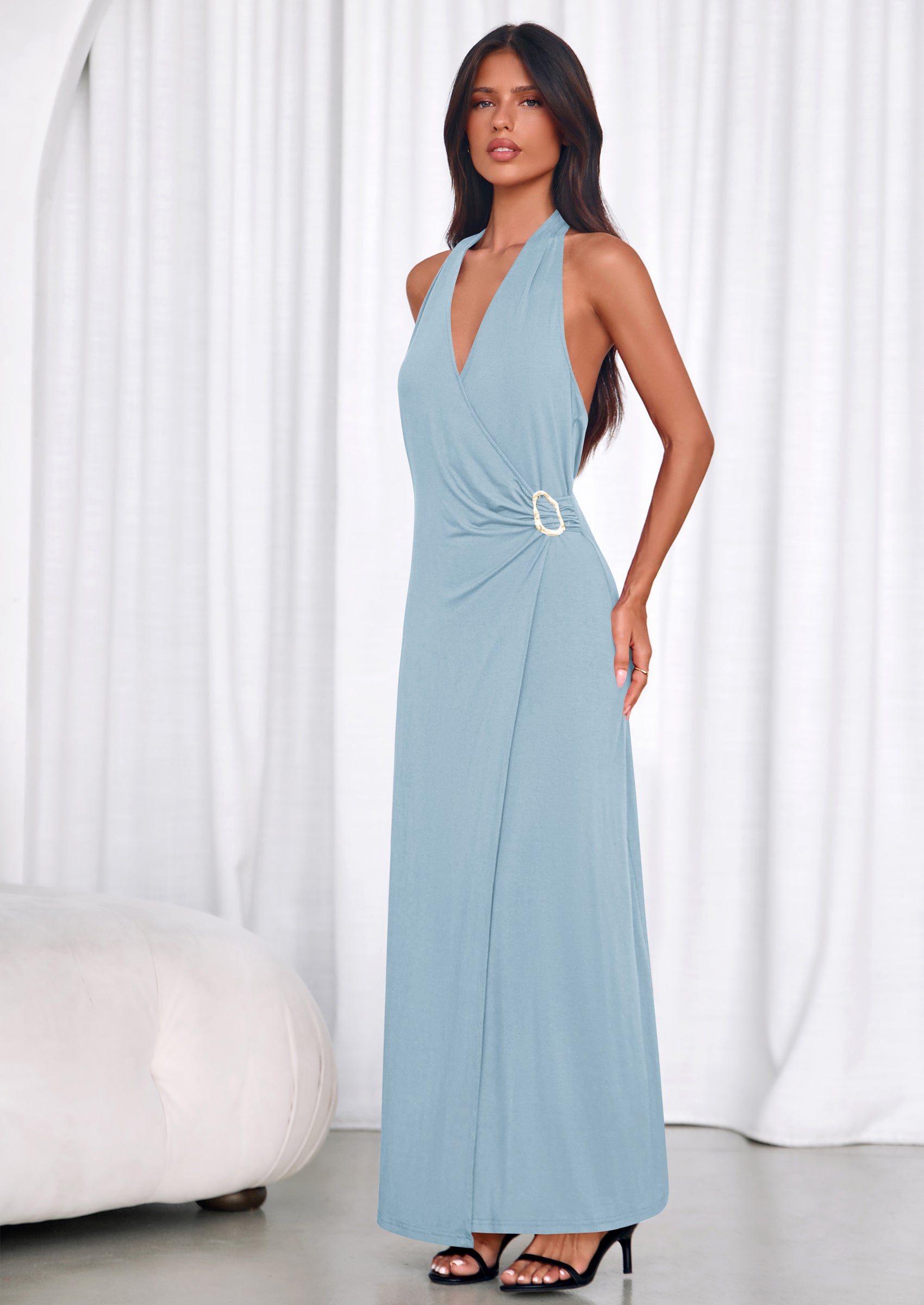 halter neck dress party wear Vbvc Women's Halter Neck Ruffle High Low Dress , Ladies' Sleeveless Asymmetrical Formal Dress , Wedding Guest Cocktail Party Dress For Women,Wine,S-