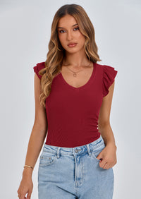 PRETTYGARDEN Womens V Neck Summer Tops Ruffle Sleeveless Slim Fit T Shirts Going Out Casual Blouses