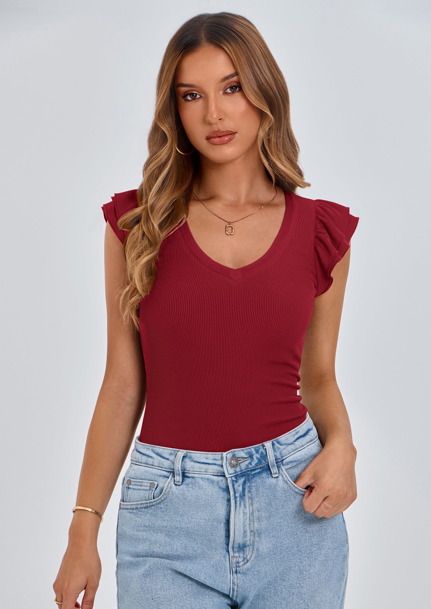 PRETTYGARDEN Womens V Neck Summer Tops Ruffle Sleeveless Slim Fit T Shirts Going Out Casual Blouses