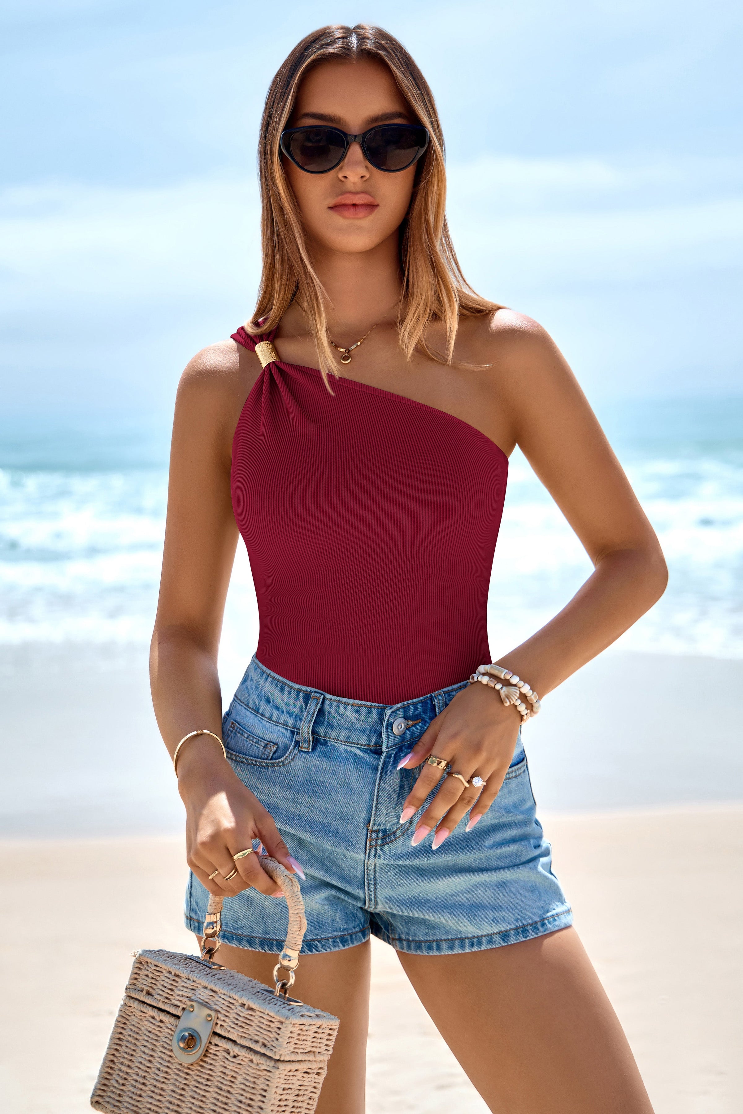 PRETTYGARDEN One Shoulder Going Out Tops for Women Summer Trendy Sleeveless Fitted Ribbed Shirts Spring Y2K Clothes PRETTYGARDEN