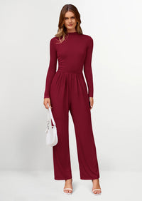 PRETTYGARDEN Dressy Casual Fashion Outfits Long Sleeve Mock Neck Wide Leg Pants Rompers
