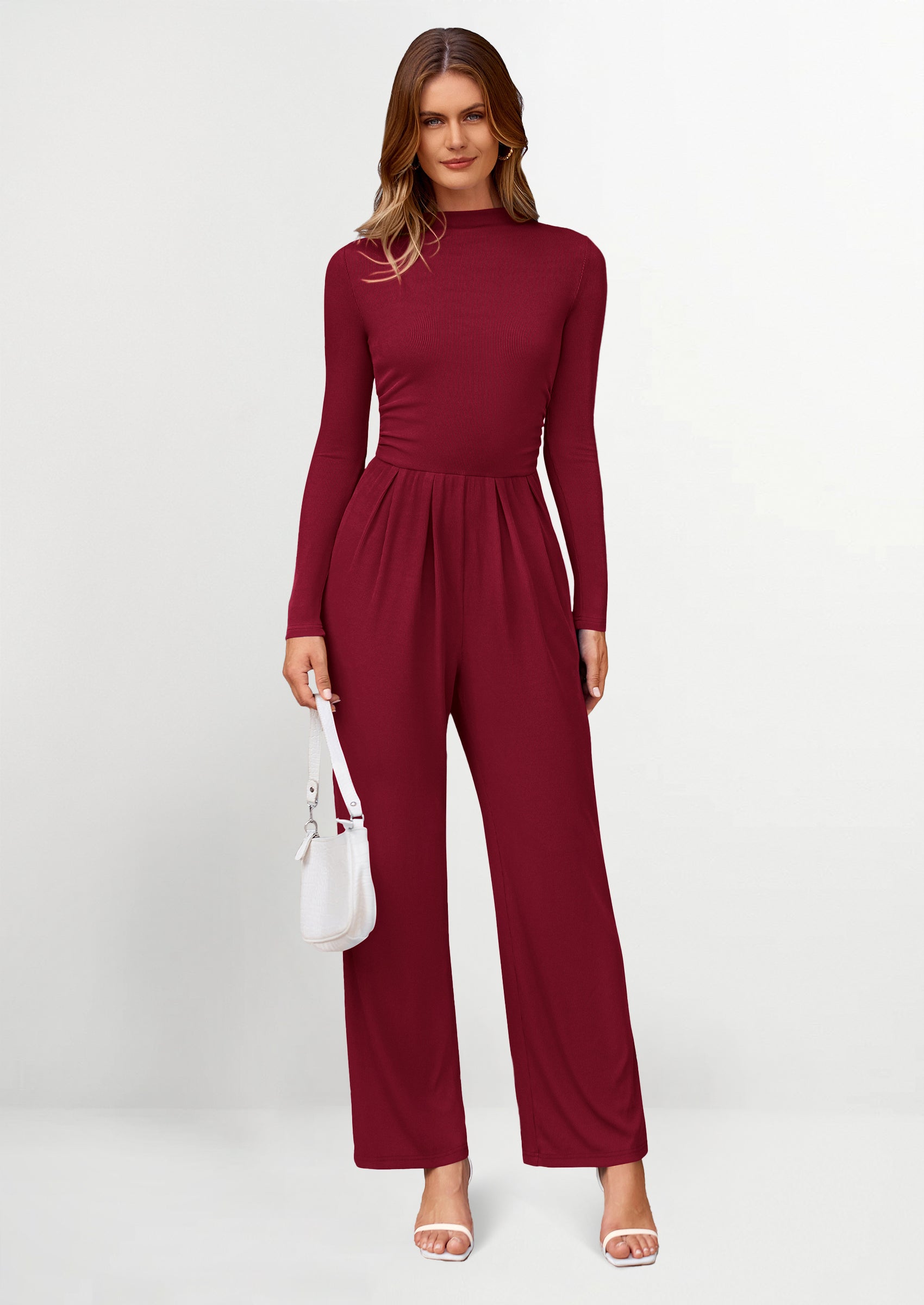 PRETTYGARDEN Dressy Casual Fashion Outfits Long Sleeve Mock Neck Wide Leg Pants Rompers