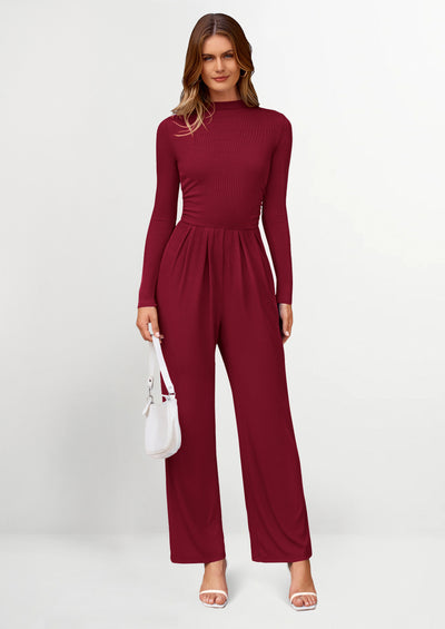 PRETTYGARDEN Dressy Casual Fashion Outfits Long Sleeve Mock Neck Wide Leg Pants Rompers