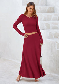 PRETTYGARDEN 2 Piece Casual Ribbed Knit Long Sleeve Crop Tops Maxi Flowy Skirts Matching Sets