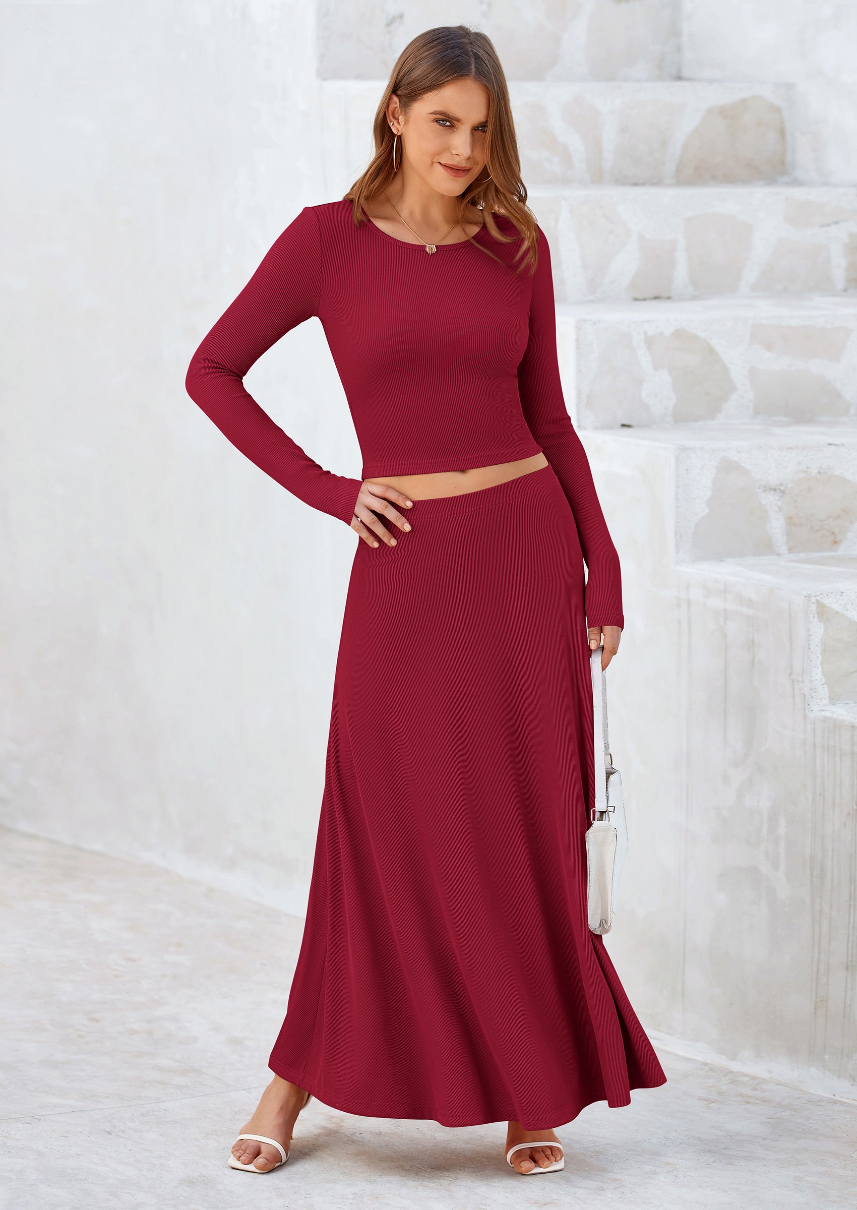 PRETTYGARDEN 2 Piece Casual Ribbed Knit Long Sleeve Crop Tops Maxi Flowy Skirts Matching Sets