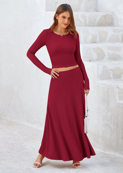 PRETTYGARDEN 2 Piece Casual Ribbed Knit Long Sleeve Crop Tops Maxi Flowy Skirts Matching Sets