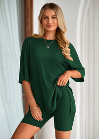 PRETTYGARDEN Women's Two Piece Lounge Set Summer Casual Oversized Shirts Biker Shorts Matching Airport Travel Outfit