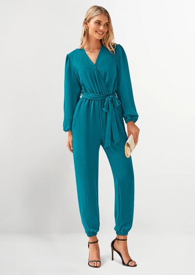 PRETTYGARDEN Women's Fall Jumpsuits Dressy Casual Pants Romper Spring Long Sleeve V Neck Belt Pockets One Piece Outfits