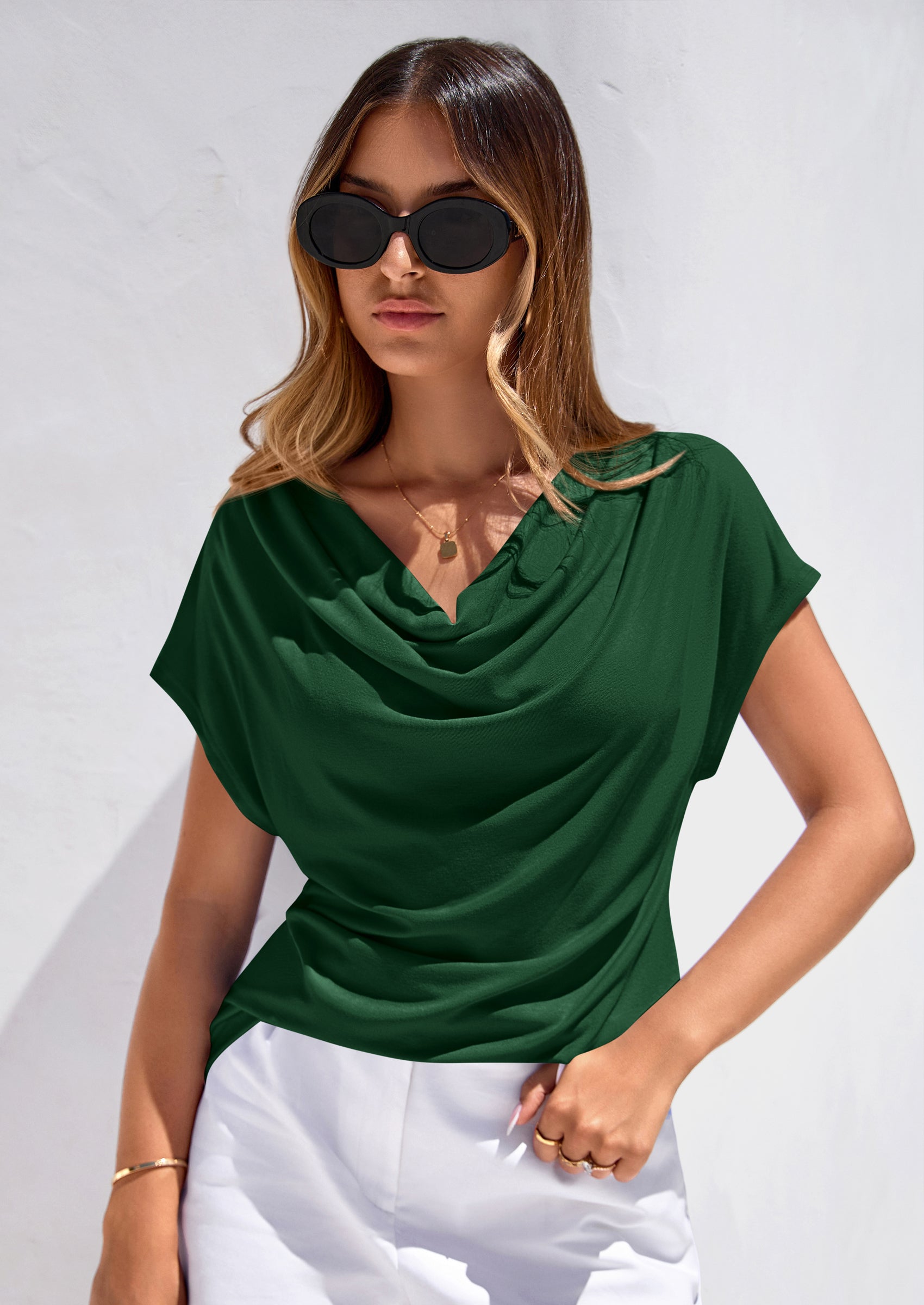 PRETTYGARDEN Blouses for Women Dressy Casual Summer Cowl Neck Short Sleeve Tops Spring Work Office Teacher Shirts PRETTYGARDEN