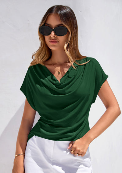 PRETTYGARDEN Blouses for Women Dressy Casual Summer Cowl Neck Short Sleeve Tops Spring Work Office Teacher Shirts PRETTYGARDEN