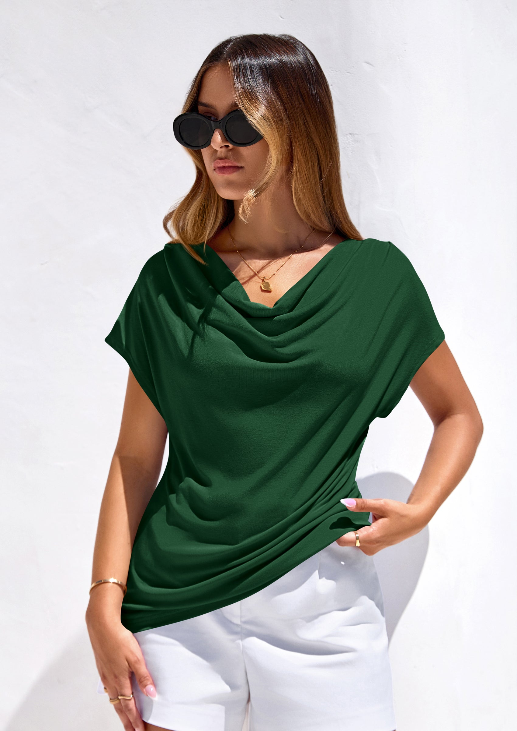 PRETTYGARDEN Blouses for Women Dressy Casual Summer Cowl Neck Short Sleeve Tops Spring Work Office Teacher Shirts PRETTYGARDEN
