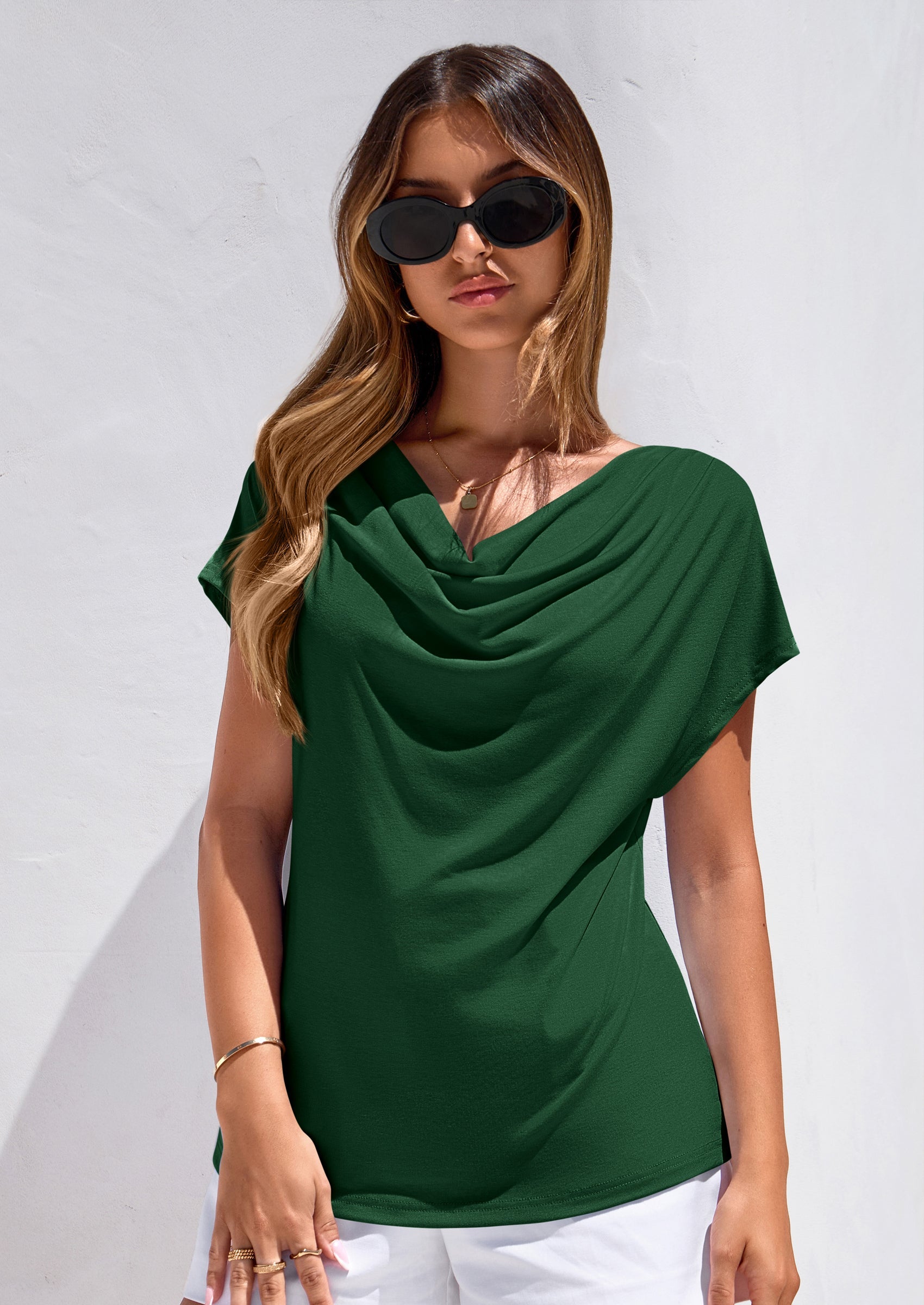 PRETTYGARDEN Blouses for Women Dressy Casual Summer Cowl Neck Short Sleeve Tops Spring Work Office Teacher Shirts PRETTYGARDEN