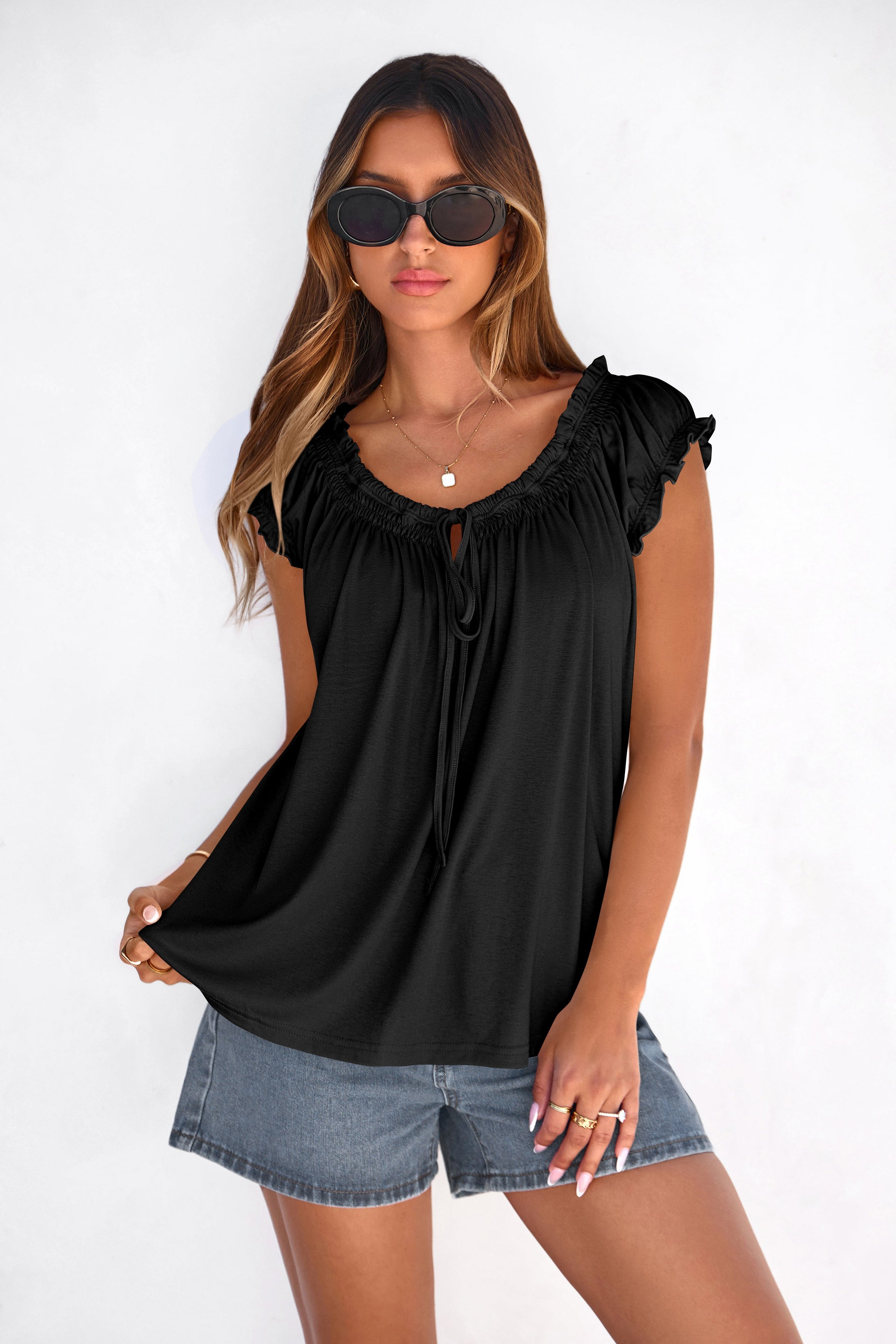 PRETTYGARDEN Womens Tie Front Tank Tops Summer Fashion Cap Sleeve Babydoll Blouses Flowy Shirts Spring Going Out Outfits PRETTYGARDEN