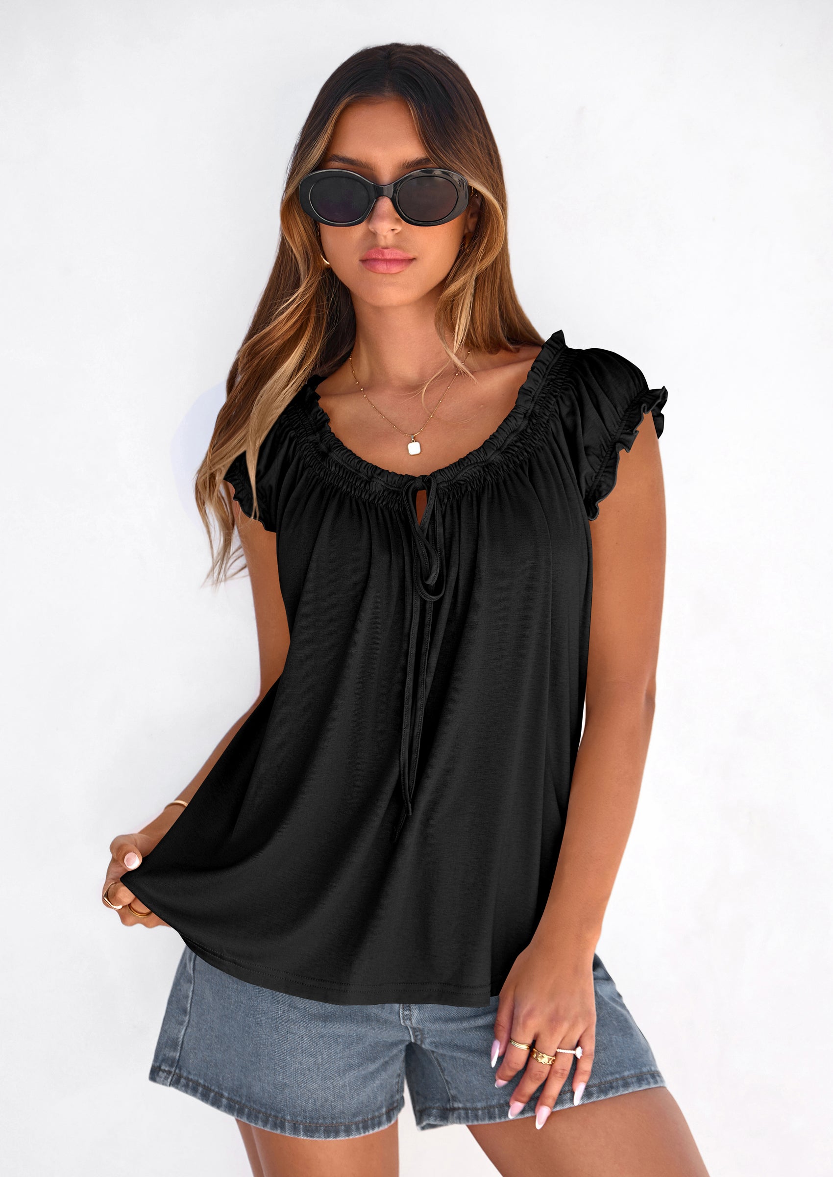 PRETTYGARDEN Womens Tie Front Tank Tops Summer Fashion Cap Sleeve Babydoll Blouses Flowy Shirts Spring Going Out Outfits PRETTYGARDEN