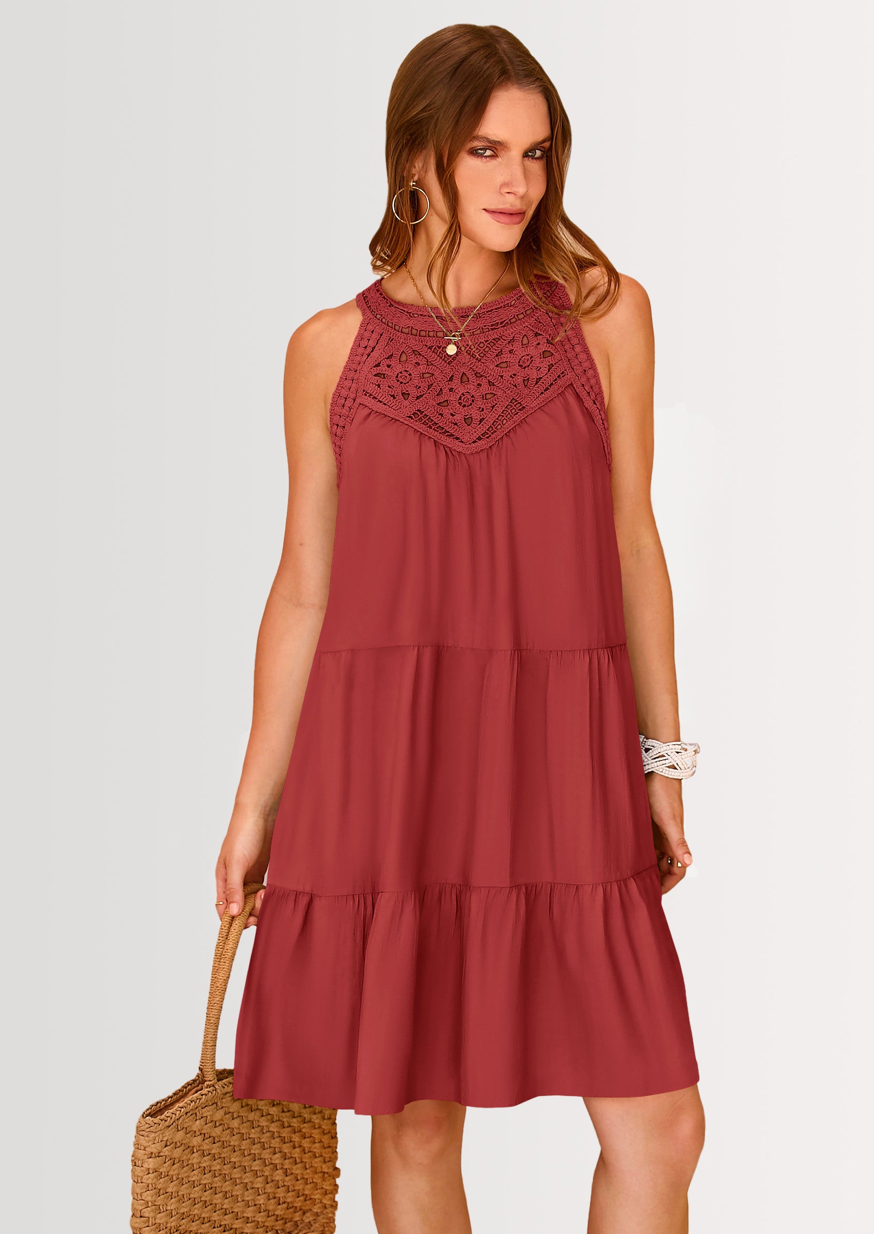 BTFBM Women Summer Halter Dresses Casual Spring 2025 Sleeveless A-Line Tiered Swing Mini Dress Beach Vacation Sundress