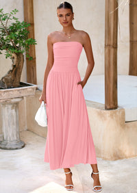 BTFBM Summer Maxi Dresses for Women Strapless Ruched Tube Top Beach Vacation Spring Wedding Guest Dress Pockets PRETTYGARDEN