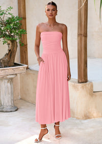 BTFBM Summer Maxi Dresses for Women Strapless Ruched Tube Top Beach Vacation Spring Wedding Guest Dress Pockets PRETTYGARDEN